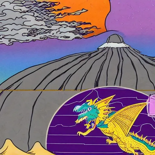 Image similar to a purple dragon fighting a retro spaceship with a volcano in the background