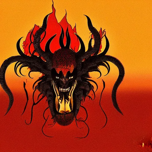 Image similar to hellish demons rising from the ground, orange sky, digital art