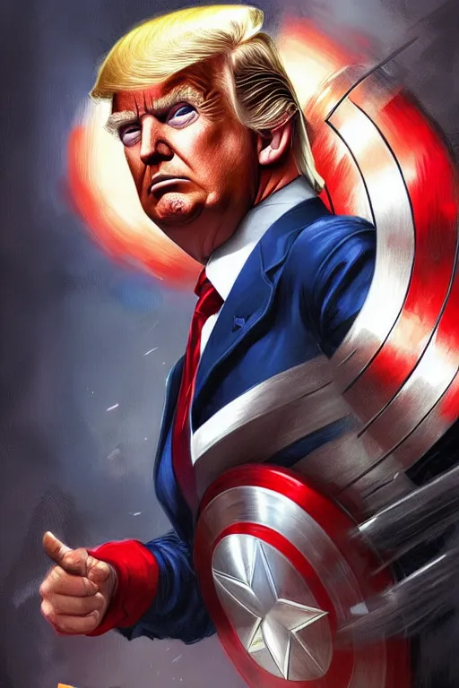 Image similar to Donald Trump as Captain America full body portrait, D&D, fantasy, intricate, elegant, highly detailed, digital painting, artstation, concept art, matte, sharp focus, illustration, art by Artgerm and Greg Rutkowski and Alphonse Mucha