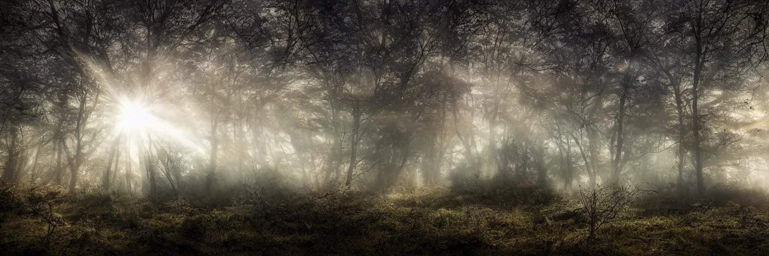 Image similar to planetary explosion, lost place photo, sunrays, mystic, mist, volumetric lights, wilderness, dirt, dramatic, cinematic, 8K, award winning photo,