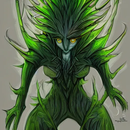 Image similar to A humanoid plant monster, highly detailed, digital art, sharp focus, trending on art station, thistle, anime art style