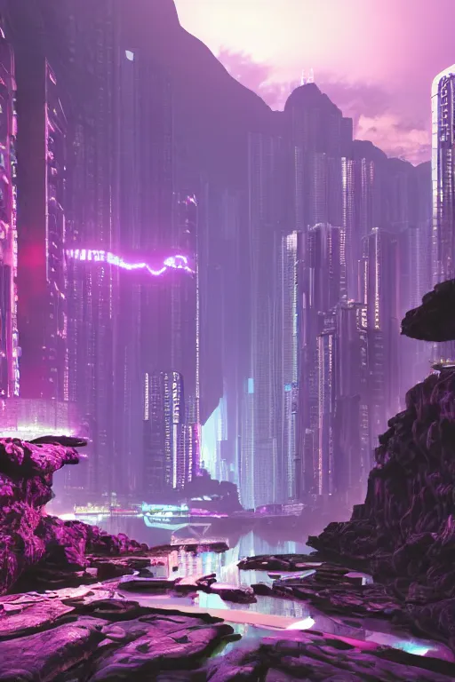 Prompt: of a cave with a miniature futuristic photo - realistic view of hong kong with mirror windows : 4, beautiful neon lights : 6, highly symmetrical, balanced, purple lightning clouds : 3, octane render, violet sun : 2, in the style of sahm : 3, hd, ultra - realistic, in unreal engine