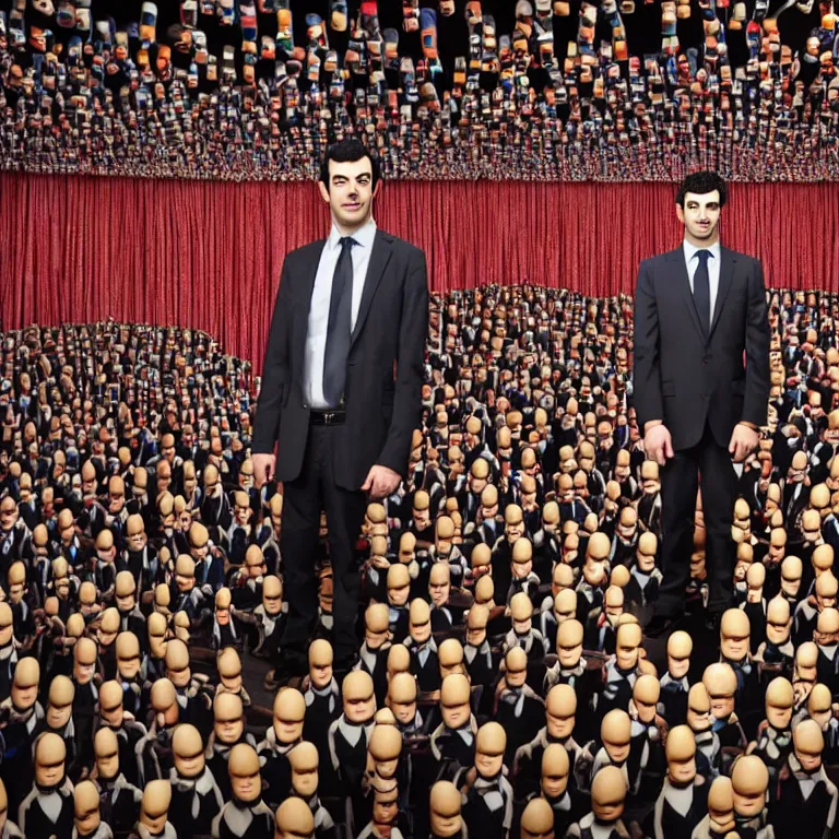 Image similar to focused dslr medium shot photograph of nathan fielder standing in front of hundreds of nathan fielder puppets on strings from nathan for you on comedy central filmed by a tv crew on a stage with a red curtain, meta, fractal, trippy, high detail!!! 8 k!!!!, photorealism!!!, sharp focus!!! coherent!!!