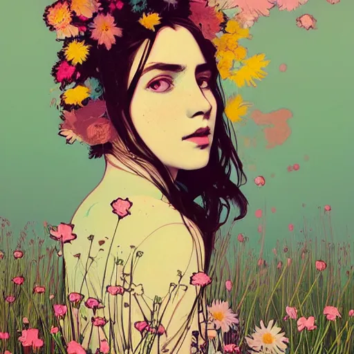 Image similar to a beautiful painting of a girl in a field of flowers by andy warhol and conrad roset and alphonse mucha and nekro and greg rutkowski. colorful comic, film noirs, symmetry, sharp lines, hyper detailed. octane render. trending on artstation