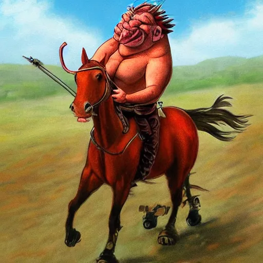 Image similar to Red ogre riding a horse, funny, portrait, realistic, HD,