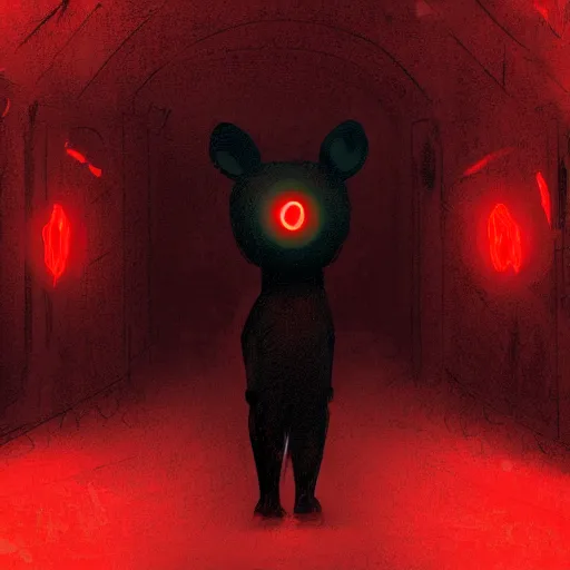 Prompt: [ horrific anthropomorphic pitch black creature with glowing red eyes ]! standing in an [ immensely dark corridor ]!, digital art style, concept art, trending on [ artstation ], contest winner, award winning, 4 k quality