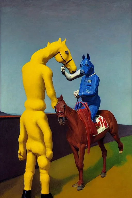 Image similar to man in horse costume, horse in costume astronaut, horse racing, hauntingly surreal, highly detailed painting by francis bacon, edward hopper, adrian ghenie, gerhard richter, and james jean soft light 4 k,