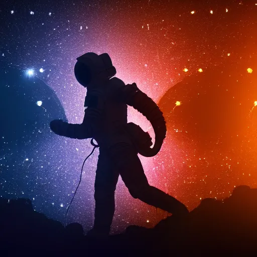 Image similar to astronaut silhouette with arms extended forward, bottom of arms lit by light coming from offcamera, light coming from below, dark background, lit from below, full body photo,, 8 k