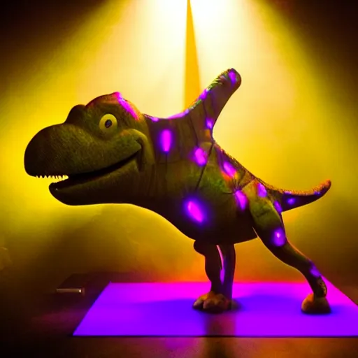 Image similar to Barney the Dinosaur leads a modern worship service, backlit, dramatic stage lighting, fog, neon cross