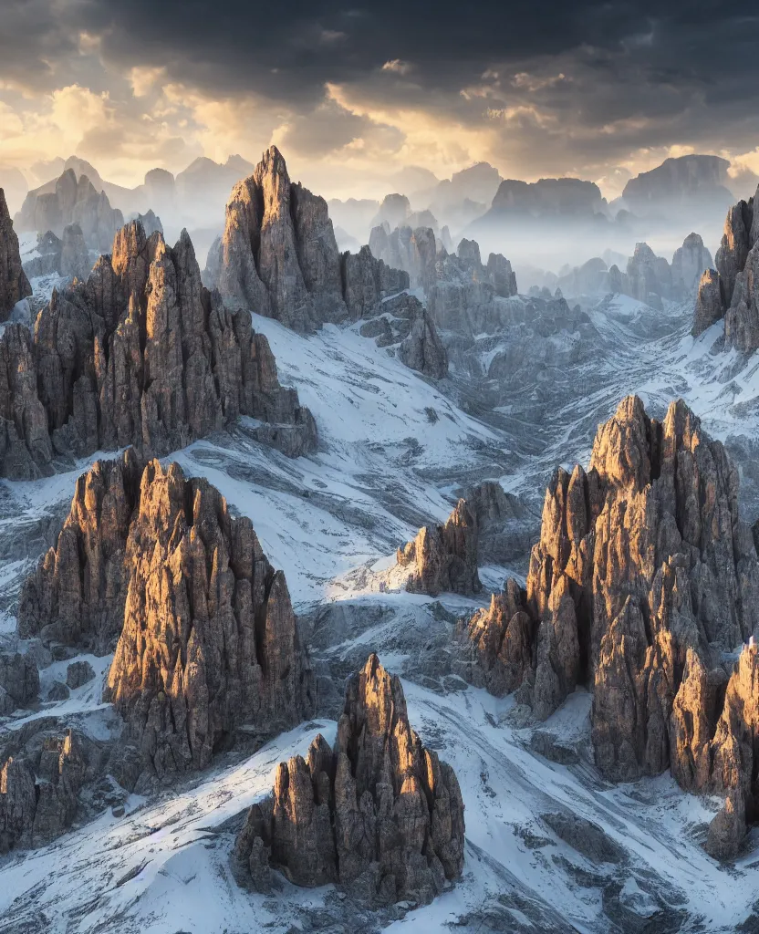 Prompt: dolomites made of gold and obsidian, volumetric lighting, octane render, magical, dramatic, stunning, cinematic shot 8K HDR 4K very detailed, moody, ambiance