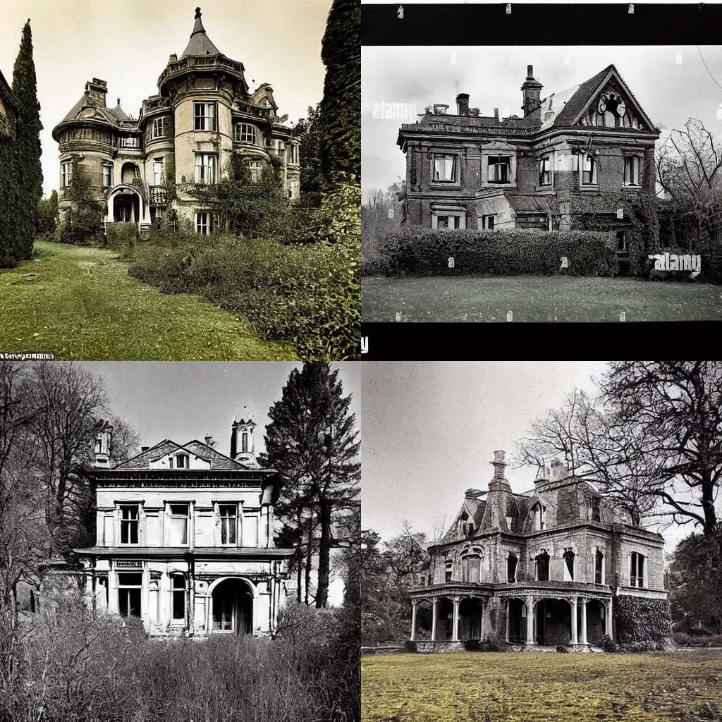 Prompt: epic overgrown victorian mansioni in desolate conditions in beautiful landscape as an early 1975s photograph
