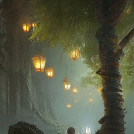 Prompt: Concept art, beautiful painting of a gingko tree, shining its light among lanterns, 8k, james gurney, greg rutkowski, john howe, artstation