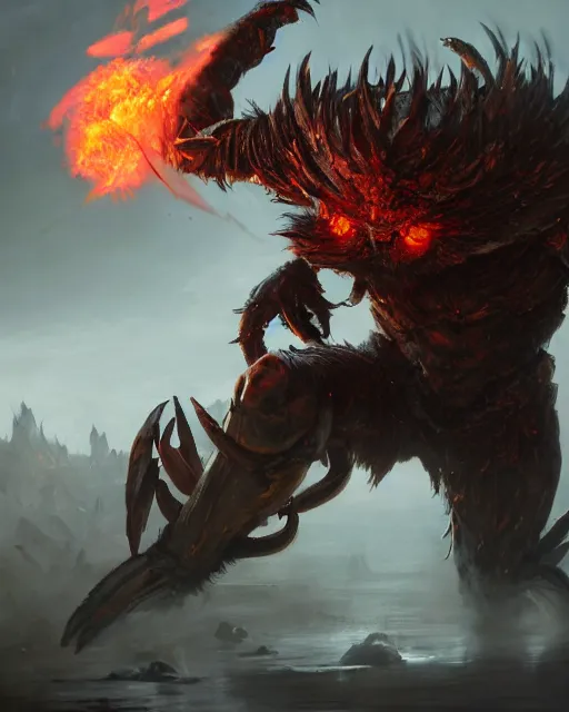 Prompt: oil painting of Angry Anthropomorphized Crab Berserker, wearing fur armor, claws, sharp focus, attack pose, fantasy style, octane render, volumetric lighting, 8k high definition, by greg rutkowski, highly detailed, trending on art Station, magic the gathering artwork, burning Battlefield background, centered