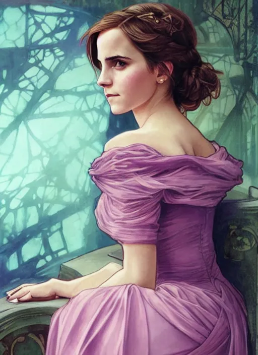 Image similar to emma watson at hogwarts!! at the yule ball wearing elegant pink and purple dress. beautiful detailed face. by artgerm and greg rutkowski and alphonse mucha