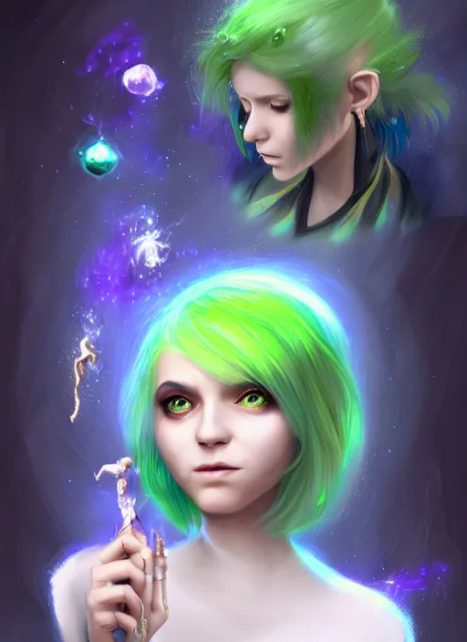Prompt: Portrait of young female sorcerer, D&D fantasy, her hair is green and styled in a Bob Cut, magic particles fly from her hands, she has a distant expression, and is wearing a shirt and vest. A pixie with blonde hair floats above her shoulder. Intricate, highly detailed, digital painting, artstation, concept art, sharp focus, illustration, art by greg rutkowski and Ross Tran
