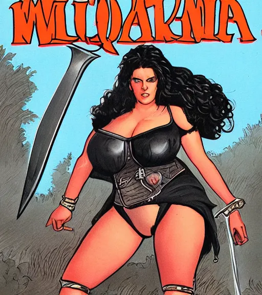 Image similar to 1 9 8 0 s fantasy novel book cover, bbw plus size amazonian 1 9 - year - old winona ryder in extremely tight bikini armor wielding a cartoonishly large sword, exaggerated body features, dark and smoky background, low quality print