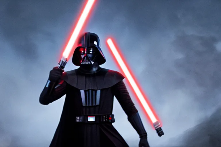 Image similar to tom holland as a sith in a new star wars film, 3 5 mm photography, highly detailed, cinematic lighting, standing pose, holding lightsaber 4 k