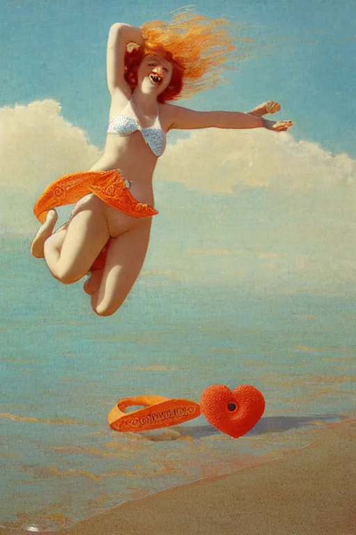 Image similar to A girl in a white lacy bikini and white sun hat and Holding a heart-shaped lifebuoy, jumping for joy,long orange hair floating on air ,Waves and sand and clouds in the background ,Smooth visual lines,graphic Design by mucha