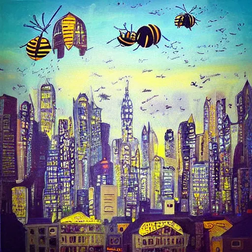 Image similar to “big bees over a city oil panting”