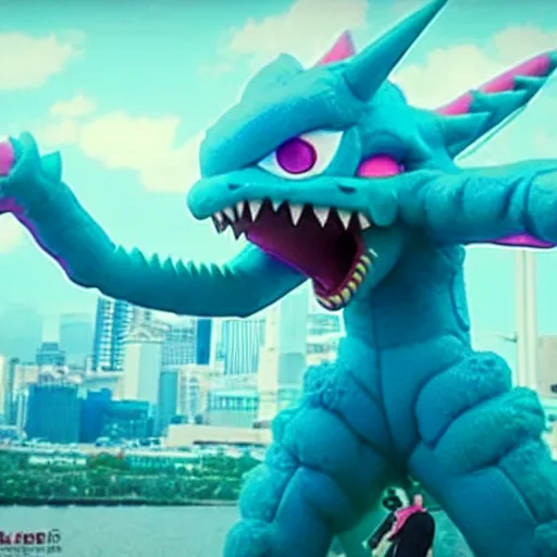 Image similar to toei productions kaiju miku hatsune as a giant monster. mikuzilla