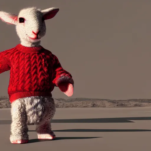 Image similar to lamb wearing a red sweater, walking on to legs, concept art, octane render, unreal engine 5, highly detailed, high quality, 8 k, soft lighting, realistic face, path traced