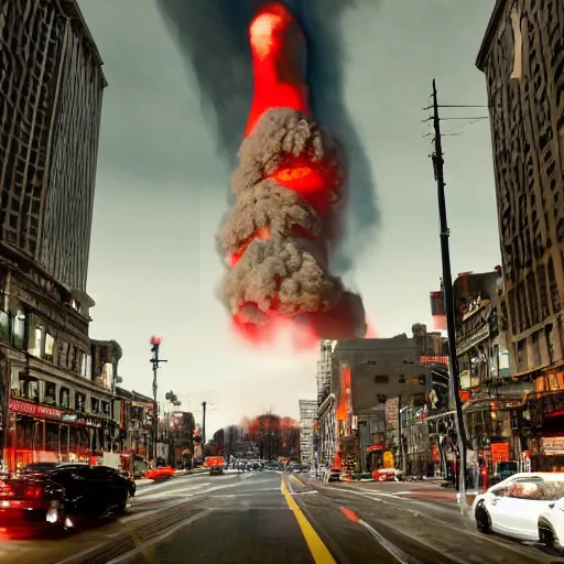 Prompt: centered action photography shot of extremely detailed hyper realistic nuclear bomb explosion in a city, professional film photography, 8 k, cinematic framing, cinematic lighting