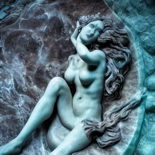 Image similar to photography of an entire mermaid marble sculpture! masterpiece by michelangelo, with long hair, a fish tail with scales, 8 k, high aperture, atmospheric light background, cinematic light, pinterest, artstation