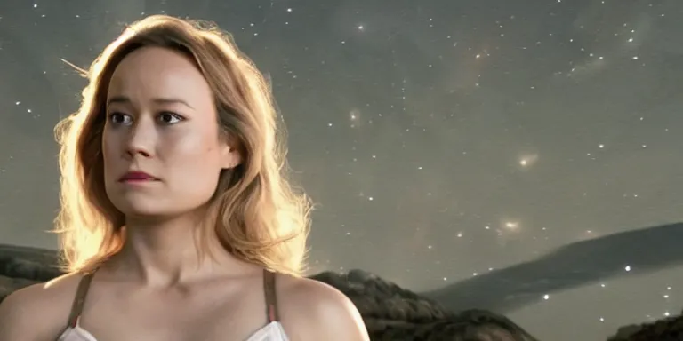 Image similar to film still of curvy brie larson, focus on facial - detail!!!!!!, walking on an invisible bridge, similar to the bifrost, toward an endless abyss in space, wearing a white flowy bikini inspired by ancient roman clothing, beautiful astronomical background with galaxies and nebulas, lack of sunlight, 8 k resolution, cinematic lighting, anatomically correct, by christopher nolan