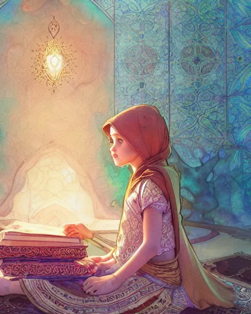 Image similar to a bedouin child infront of an big open quran highly detailed, gold filigree, romantic storybook fantasy, soft cinematic lighting, award, disney concept art watercolor illustration by mandy jurgens and alphonse mucha and alena aenami, pastel color palette, featured on artstation