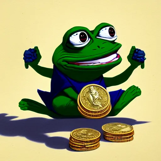 Image similar to super rich happy pepe, luxury, treasury, coins, money, hyper detalied, blue crystals, greg rutkowski, artstation