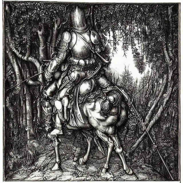 Prompt: “An engraving of a knight in a dark forest by Albrecht Durer, Gustave Dore”