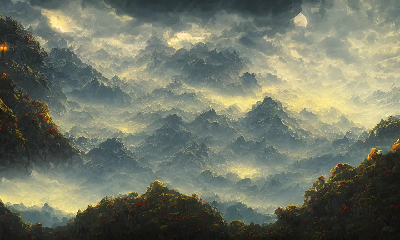 Prompt: breathtaking digital painting of an aerial landscape in luxurious nature, mountains rockas at dawn with roses and golden petals flying, with intricate art nouveau moody dark tumultuous clouds, by anato finnstark and johannes voss, concept art, matte, 8 k,