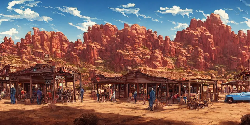 Prompt: a western saloon in the middle of the desert, blue sky and cirrus clouds in background, wide angle by ross tran and makoto shinkai and dan mumford, oasis, cactus, big red rocks, tumbleweeds, pulp sci - fi illustration, very detailed, 4 k horizontal wallpaper,