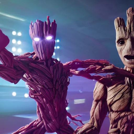 Image similar to groot and optimus prime dancing at techno party among people, wide shoot, octane render, ultra realistic