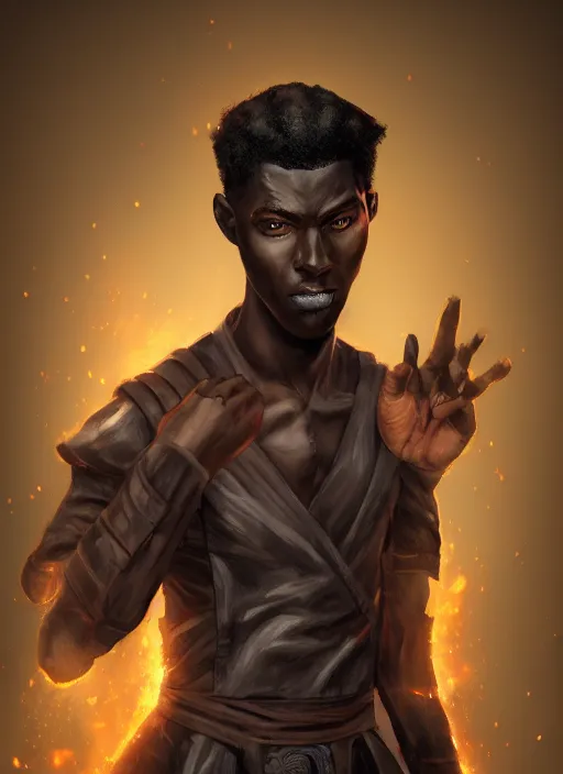 Image similar to An epic fantasy comic book style portrait painting of a skinny dark skinned thief who\'s good at martial arts, unreal 5, DAZ, hyperrealistic, octane render, cosplay, RPG portrait, dynamic lighting