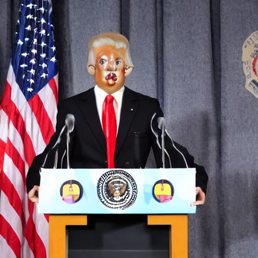 Image similar to press conference with stringed marionette of a president in a podium