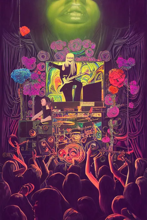 Prompt: the velvet underground and nico playing live on stage at a night club, unusual perspective with nico in the center, beautiful stage decoration with flowers in the background, painting by james jean, very detailed and colorful and toned down and ornamental and moody and cool and relaxed and high on drugs, trending on artstation, behance contest winner