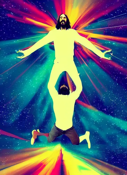 Prompt: Jesus Christ flying in space, dynamic lighting, +++++++++++ super super dynamic dynamic pose, glitch effect, colorful, space, starry night, intense, 20k