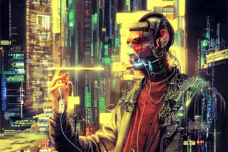 Image similar to man with wires on his head and a cigarette in his mouth, cyberpunk art by noriyoshi ohrai, behance contest winner, panfuturism, circuitry, darksynth, future tech