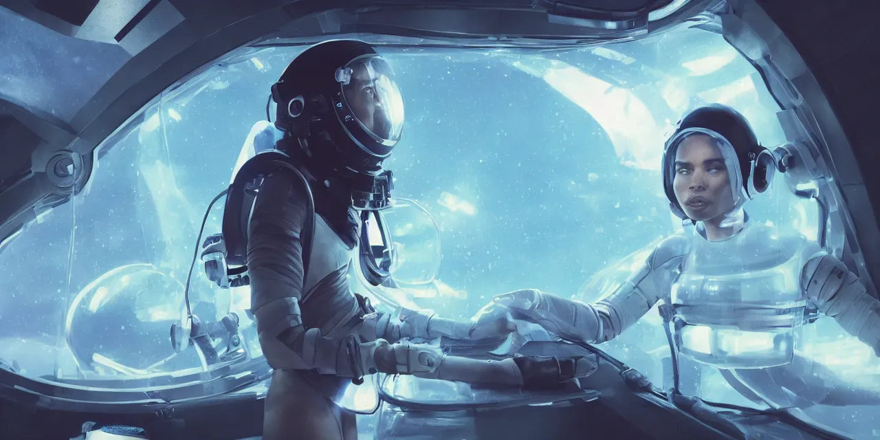 Image similar to Zoe Kravitz futuristic astronaut, outside large window of ship, helmet with clear HUD shield and led lights, underwater in the ocean at night, clear water, bubbles, volumetric lighting, glowing lights, 4k, octane, digital painting, artstation, concept art, sharp focus, illustration, high contrast, high saturation , cinematic film still, art by artgerm and greg rutkowski and alphonse mucha , wide angle view,