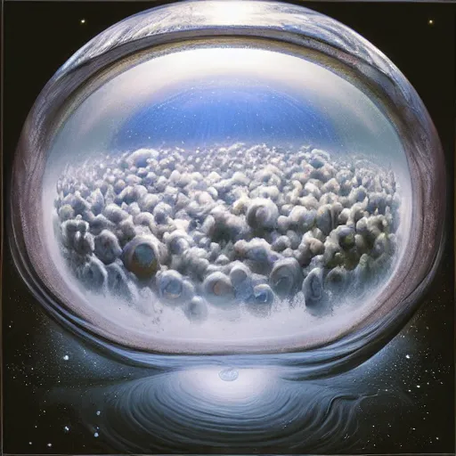 Image similar to “ depiction of the beginning of the universe inside a snow globe, surreal, award winning, highly detailed, style by mark rogers, paul bonner, oil on canvas. ”