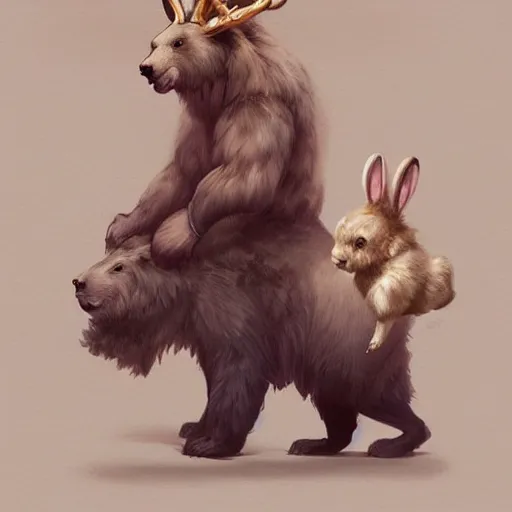 Prompt: a bear and a bunny chimera with the size and strength of a bear, The white color and long bunny ears of a bunny and golden brown antlers. Peter Mohrbacher. George Stubbs. Concept art. Fantasy. Trending on artstation. Masterpiece