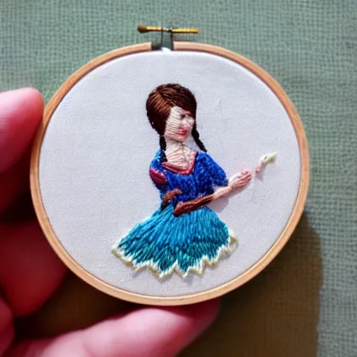 Image similar to a tiny beautiful handmade embroidery of a woman. hand embroidery.