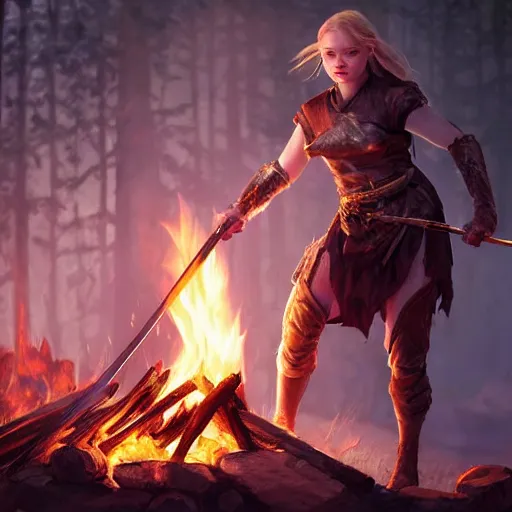 Image similar to An epic fantasy comic book style portrait painting of Elle Fanning sharpening a sword over a campfire, unreal 5, DAZ, hyperrealistic, octane render, cosplay, RPG portrait, dynamic lighting