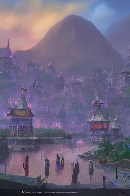 Image similar to the city of vivec in morrowind, dark elves and khajit walking around, 4 k digital paint by studio ghibli hayao miyazaki. vivid colours, vaporwave lighting style, very sharp and detailed. trending on artstation and behance.