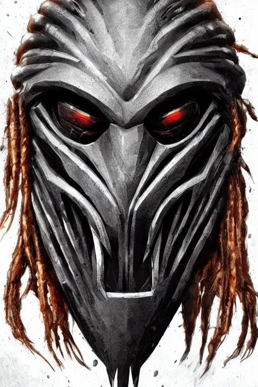 Image similar to predator 1 9 8 7 masked face redesign, portrait, highly detailed, black smooth dreads, mandables, digital painting, trending on artstation, concept art, illustration