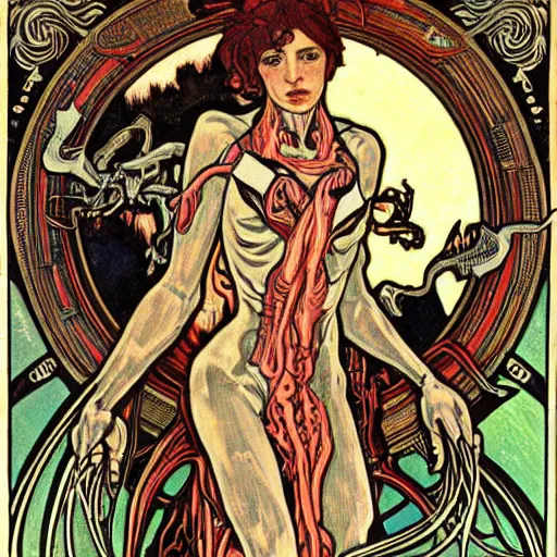 Image similar to xenomorph portrait in the style of alphonse mucha, inticrate,