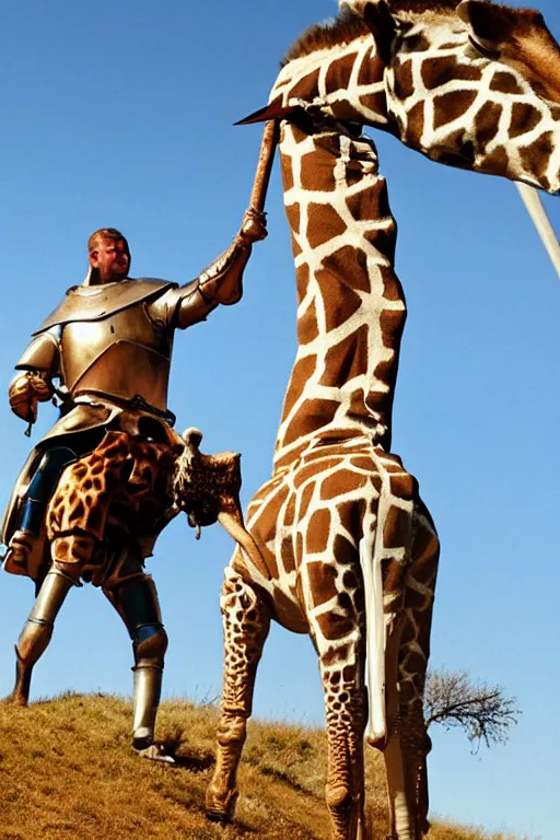 Prompt: a photo of a medieval knight in armor riding a giraffe