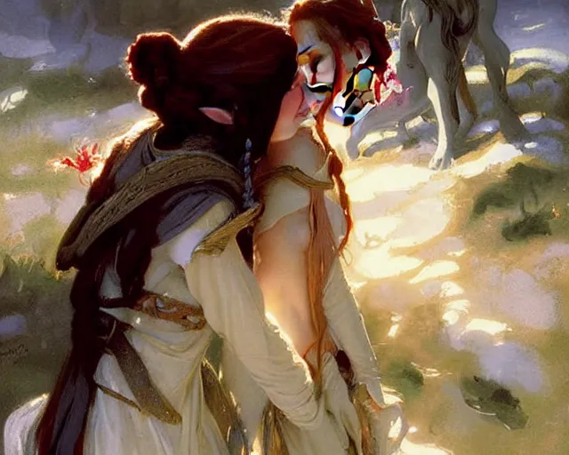 Image similar to romantic fantasy oil painting of a female elf and a female dwarf kissing. fantasy art by greg rutkowski and john singer sargent