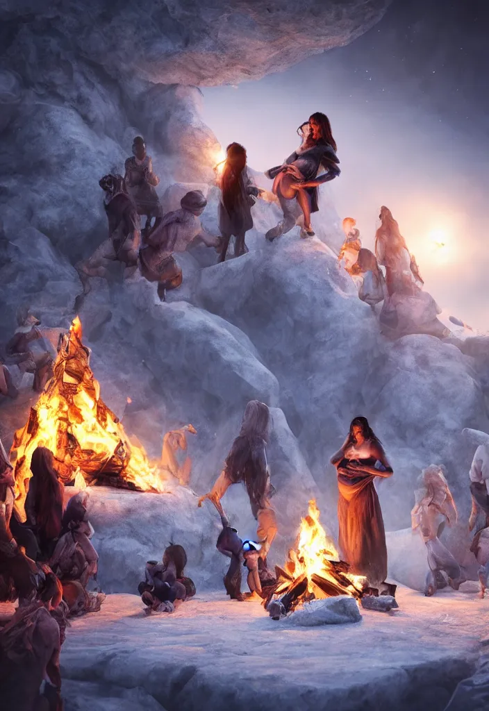 Image similar to epic leader pregnant woman talking to all her tribe around a bonfire, proud people looking at the pregnant woman, ice cave, facinating, fantasy digital art, octane render, beautiful composition, trending on artstation, award - winning photograph, masterpiece